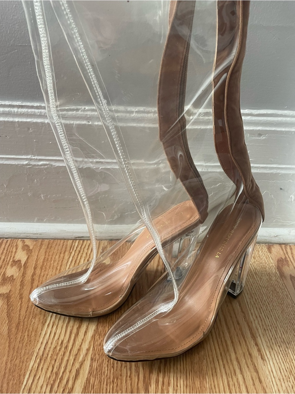Shoe Republic LA Clear Over-the-Knee Boots with Tan Brown Detail - Picture 4 of 4